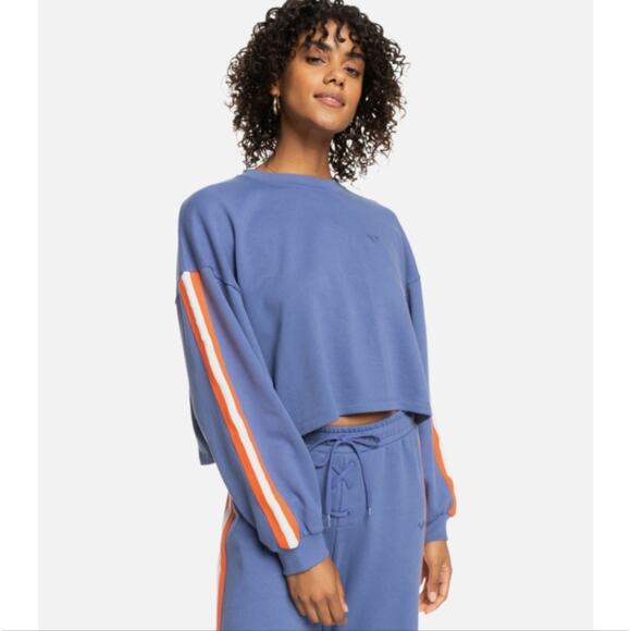 NWT Roxy Bright Lights Crewneck Sweatshirt Large Marlin Cotton Terry Striped - Picture 2 of 13